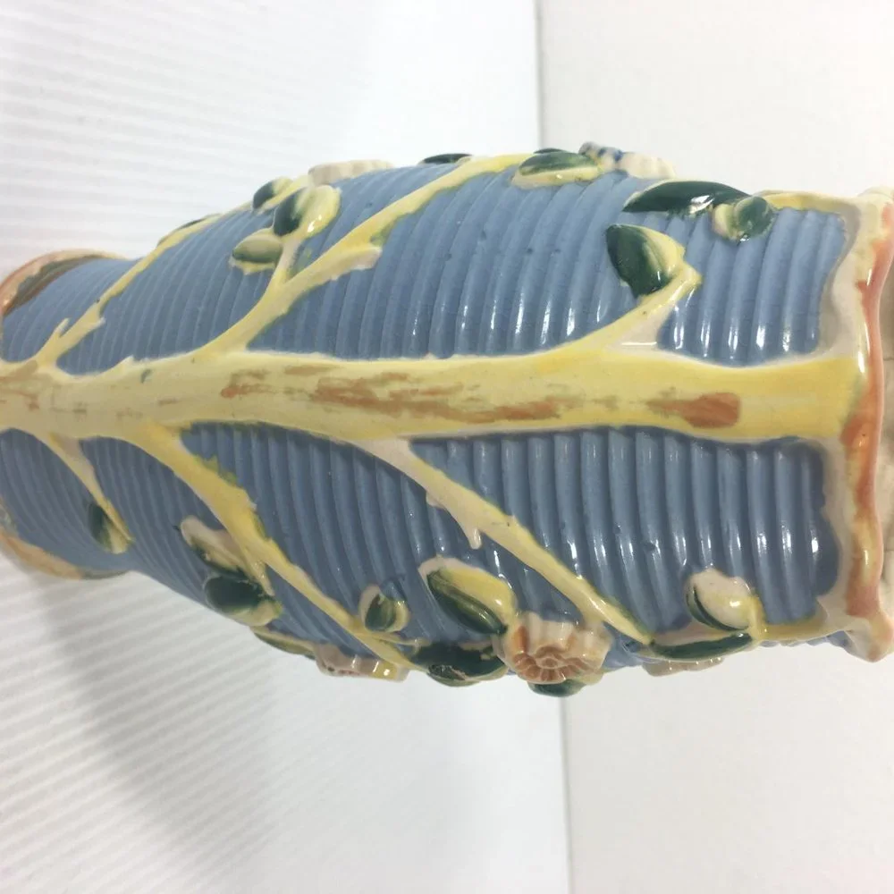 Mid-Century Asian Art‎ Pottery Vase Blue and White Tree Floral Japan Ribbed